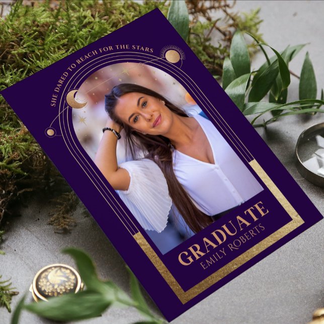 Invitation Graduation Purple Gold Sun Moon Stars Grad Photo (Créateur téléchargé)
