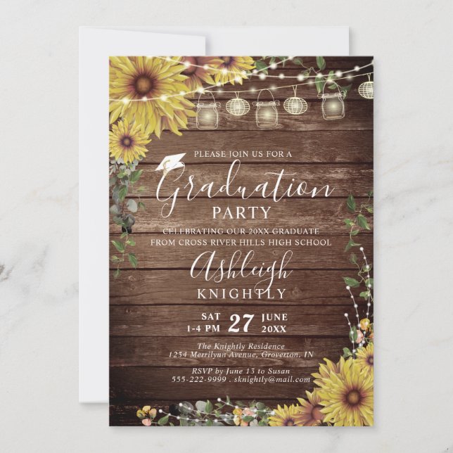 Invitation Graduation Rustique Tournesol Script (Devant)