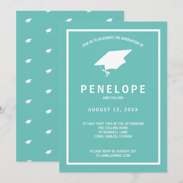 Invitation Graduation verte Turquoise moderne (Devant / Derrière)