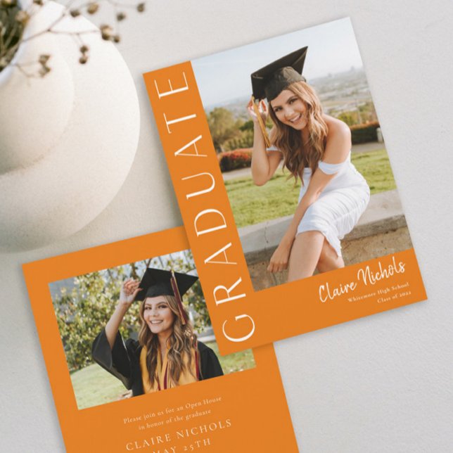 Invitation Graduation Vertical Orange Photo (Modern Orange Photo Graduation Invitation.)