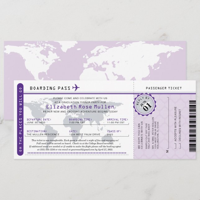 Invitation Graduation World Traveller Boarding Pass Invitatio (Devant / Derrière)