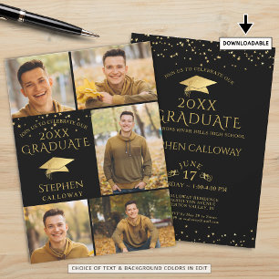 Invitation Gradué moderne Black Gold 6 Photo Collage Party