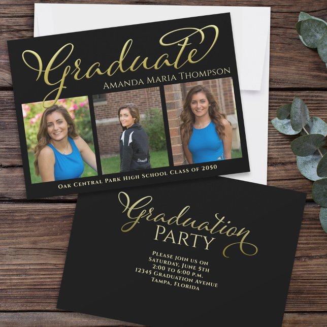 Invitation Gradué Multi Photo Black Gold Calligraphie (Graduation photo invitation with black and gold typography)