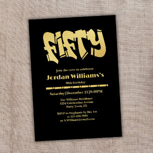 Invitation Graffiti moderne Black Gold Hommes 50e anniversair