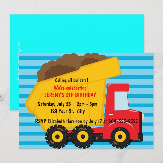 Invitation Grand anniversaire de camion à benne basculante (Devant / Derrière)