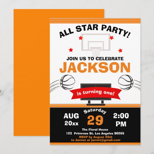 Invitation Grand Basket-ball Court Sport Game Birthday (Devant / Derrière)