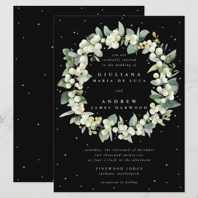 Invitation Grand Black Snowberry + Eucalyptus Wreath Mariage (Devant / Derrière)