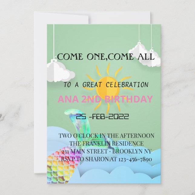 Invitation Grand ciel de mer design et sirènes pour vos princ (Devant)