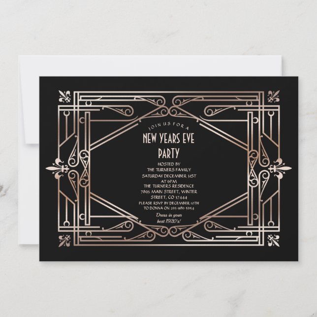 Invitation Grand Gatsby Art Déco Gold de luxe Réveillon du No (Devant)
