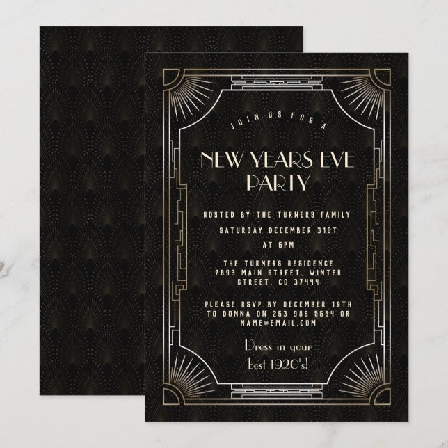 Invitation Grand Gatsby Gold de luxe 20's New Year's Eve Part (Devant / Derrière)