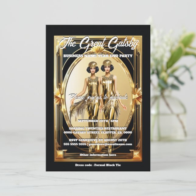 Invitation Grand gatsby or noir flappers noir évènement de cr (Debout devant)