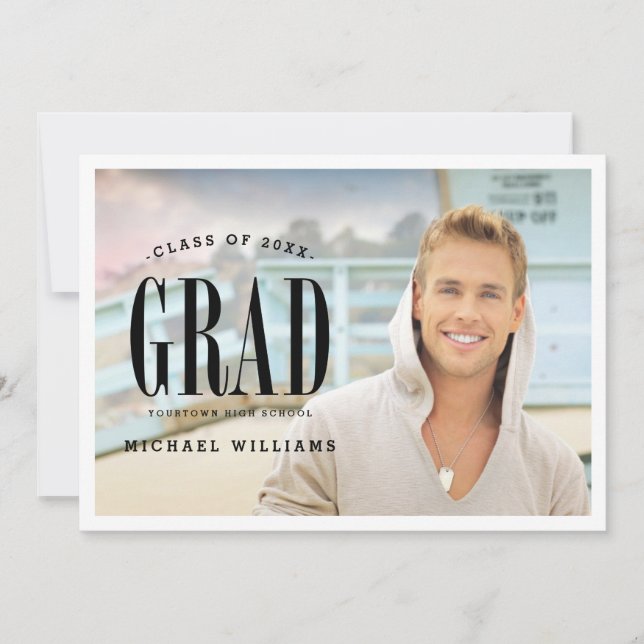 Invitation Grand gras | White Text Photo Graduation Party (Devant)