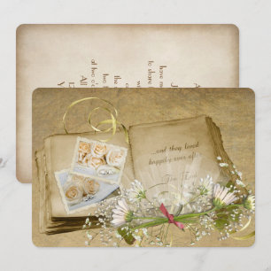 Invitation grand livre mariage ouvert avec bouquet de mariée