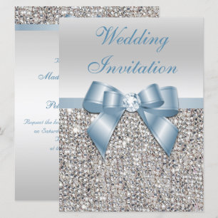 Invitation Grand Mariage Faux Séquins Argent Bow bleu Dusty