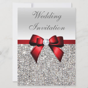 Invitation Grand Mariage Faux Séquins Argent Bow Rouge