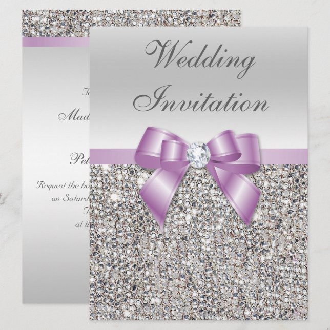 Invitation Grand Mariage Faux Séquins Argent Lilac Bow (Devant / Derrière)