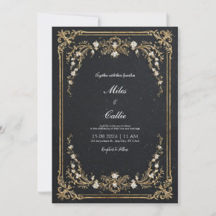 Invitation Grand Mariage Floral Noir et Or