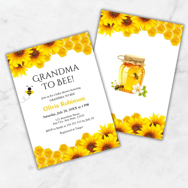 Invitation Grand-mère de l'abeille en nid d'abeille (Yellow Floral Honeycomb Grandma to Bee Baby Shower Invitation )