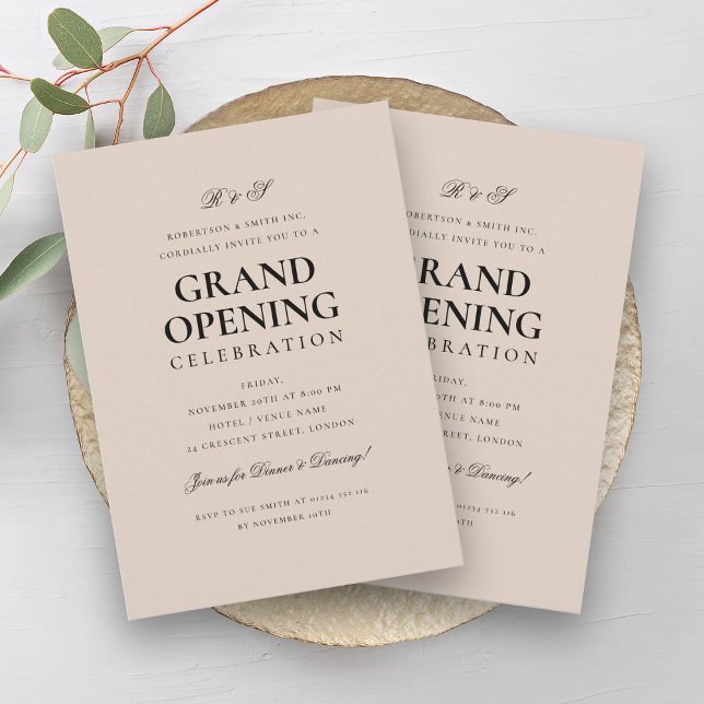 Invitation Grand Monogramme d'ouverture d'entreprise officiel (Formal Corporate Grand Opening Monogram Champagne Invitation)