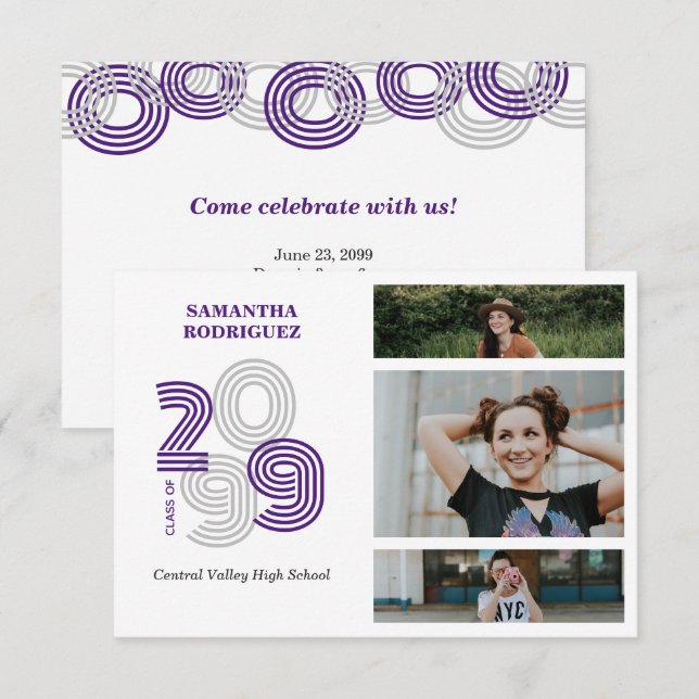 Invitation Grand nombre de violets rétro 3-Photo Graduation (Devant / Derrière)