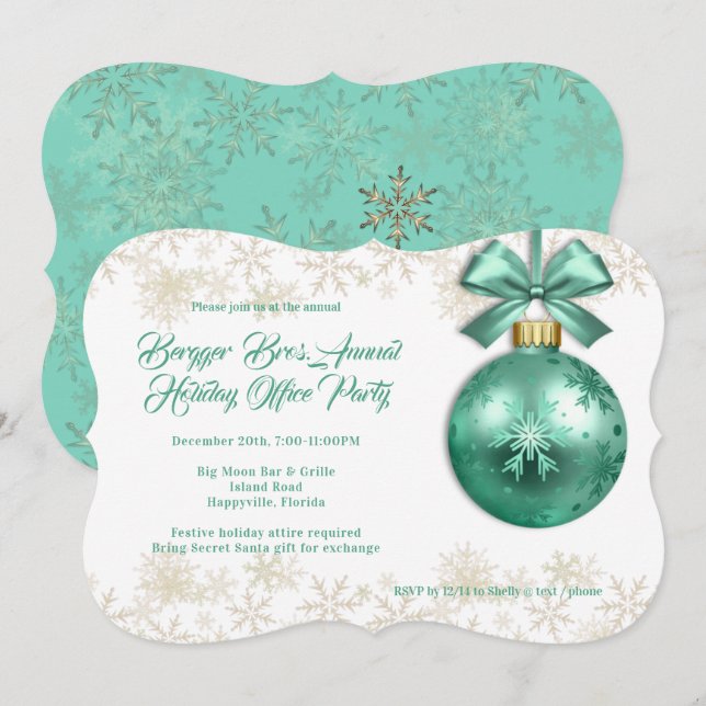 Invitation Grand Ornement Green Noël Fête de bureau (Devant / Derrière)