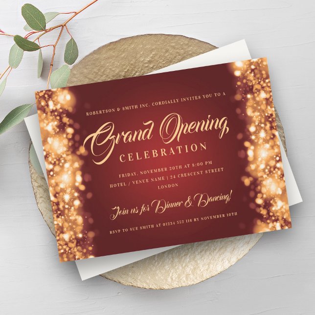 Invitation Grand Ouverture de l'entreprise officielle Lumière (Formal Corporate Grand Opening Gold Red Lights Invitation)