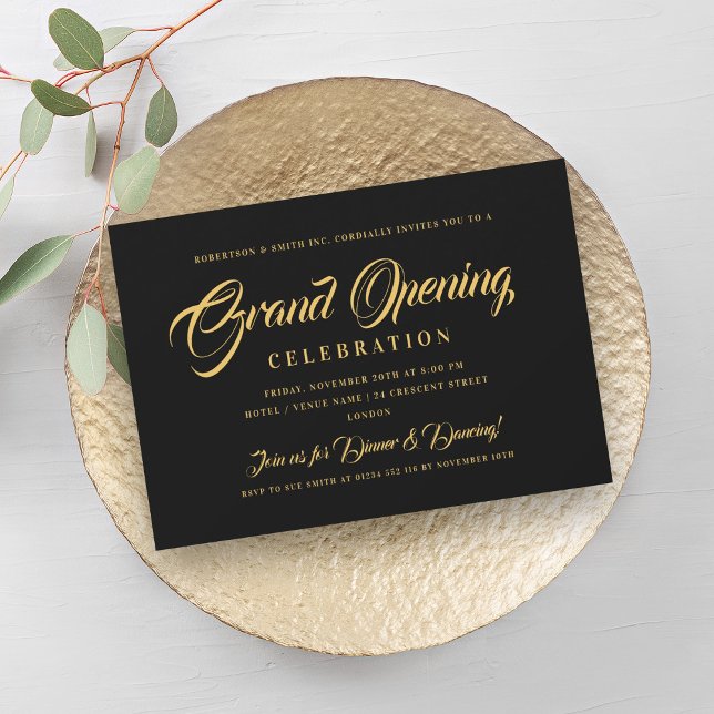 Invitation Grand ouverture d'entreprise en or officiel noir (Formal Gold Corporate Grand Opening Black Invitation)