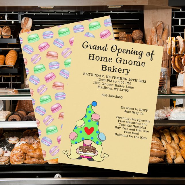 Invitation Grand Ouverture Gnome Boulangerie Pâtisserie Gâtea (Grand Opening Gnome Bakery Pastry Cakes Treats Invitation, business, company, baker, open house,)