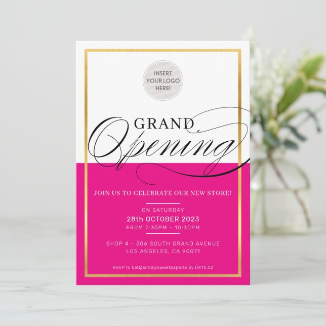Invitation GRAND OUVERTURE logo d'entreprise moderne or rose  (Debout devant)