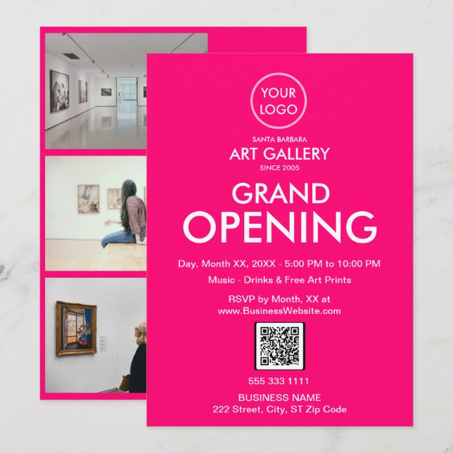 Invitation Grand Ouverture Moderne Magenta Business Logo QR C (Devant / Derrière)