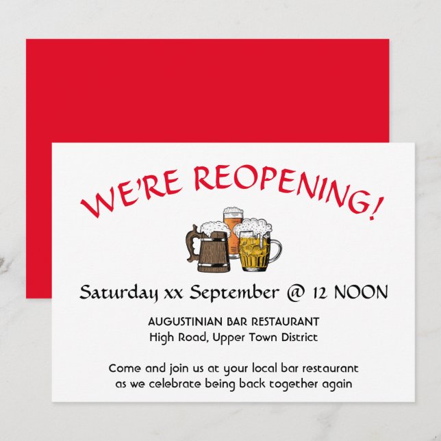 Invitation GRAND REOUVERTURE Pub Reunion Personnalisable RED (Devant / Derrière)
