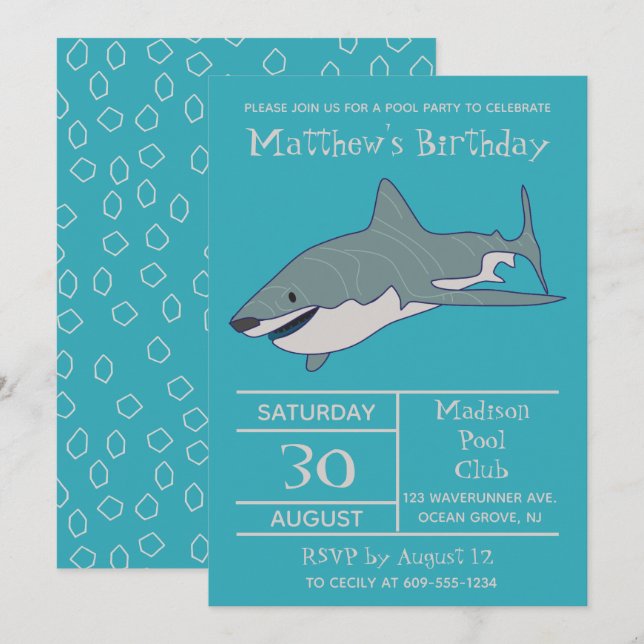 Invitation Grand requin blanc Personnalisé fête d'anniversair (Devant / Derrière)