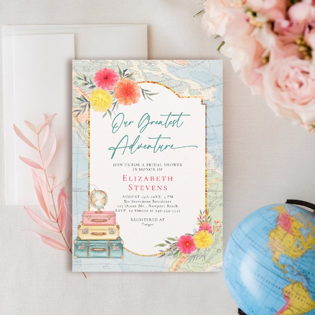 Invitation Grande Aventure Floral rose Turquoise Voyage Bride (travel bridal shower invitation floral watercolor world map suitcases elegant pink teal)
