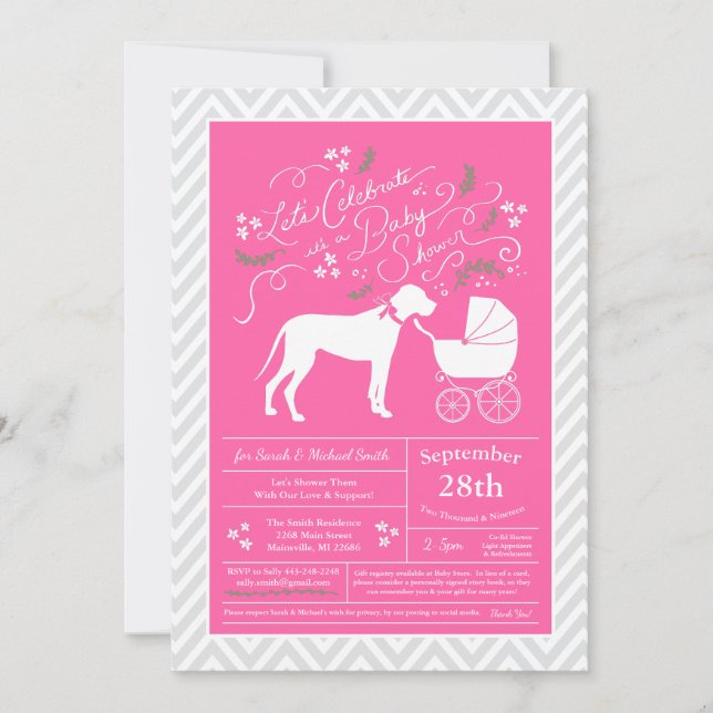 Invitation Grande Dane Chien Baby shower Rose fille (Devant)