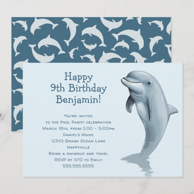 Invitation Grande fête d'anniversaire pour enfants Dauphin  (Devant / Derrière)