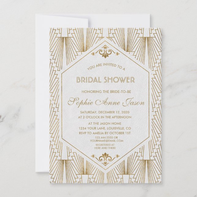 Invitation Grande Fête des mariées Gatsby Art Déco Or Blanc (Devant)