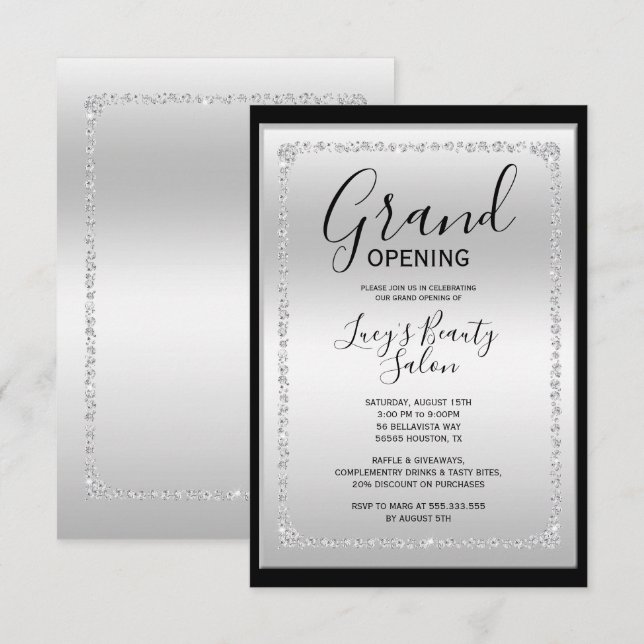 Invitation Grande ouverture encadrée de diamants argenté et n (Devant / Derrière)