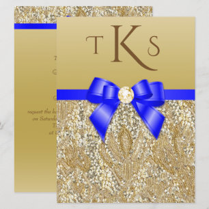 Invitation Grandes Séquences d'or de Faux Royal Blue Bow Mari