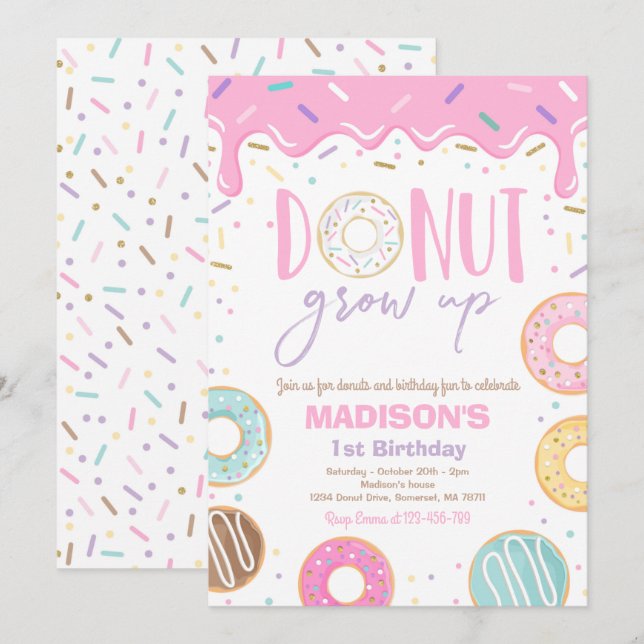 Invitation Grandeur de Donut 1er anniversaire Donut 1er anniv (Devant / Derrière)