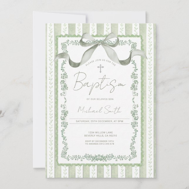 Invitation Grandmillennial Sage Green Botanical Baptism  (Devant)