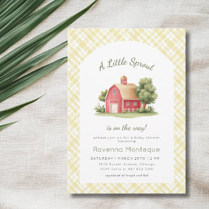 Invitation Grange à carreaux jaunes Baby Shower Little Sprout