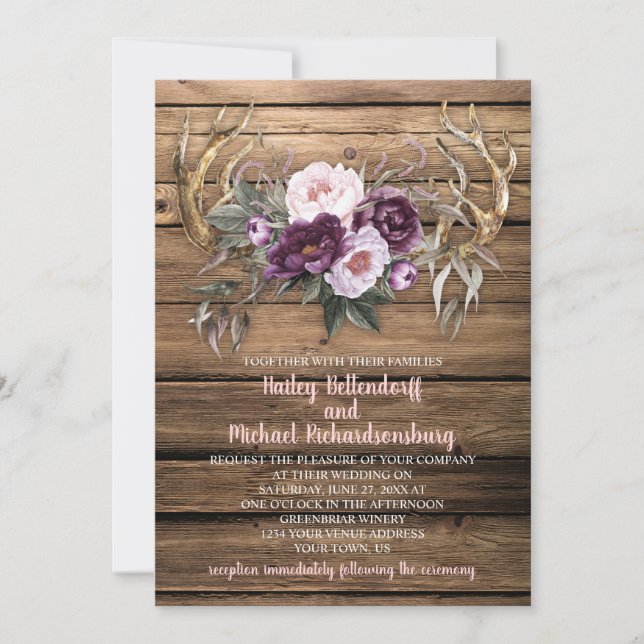Invitation Grange Bois Purple Plum Peonies Antlers Mariage (Devant)