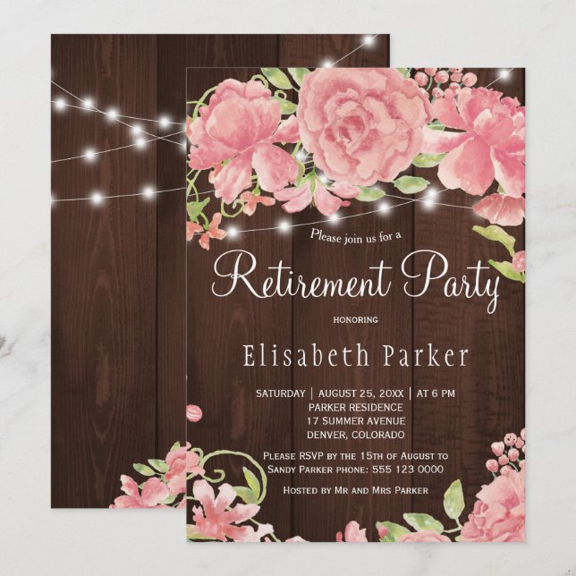 Invitation Grange bois rose pâle rose pivoines de retraite (Devant / Derrière)