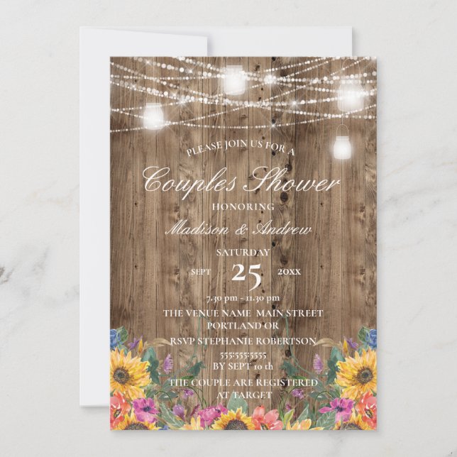 Invitation Grange Bois & Rustic Sunflower Couples Douche (Devant)