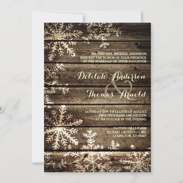 Invitation Grange Bois Snowflakes Rustique Mariage d'hiver (Devant)