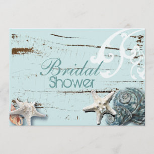Invitation Grange côtière bois aqua bleu étoile coquillages