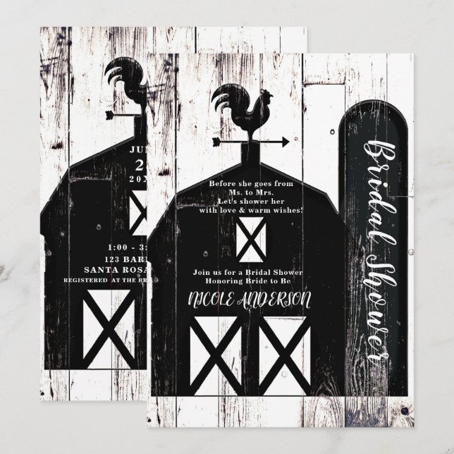 Invitation Grange noire Bois blanc Rustique Fête des mariées  (Devant / Derrière)