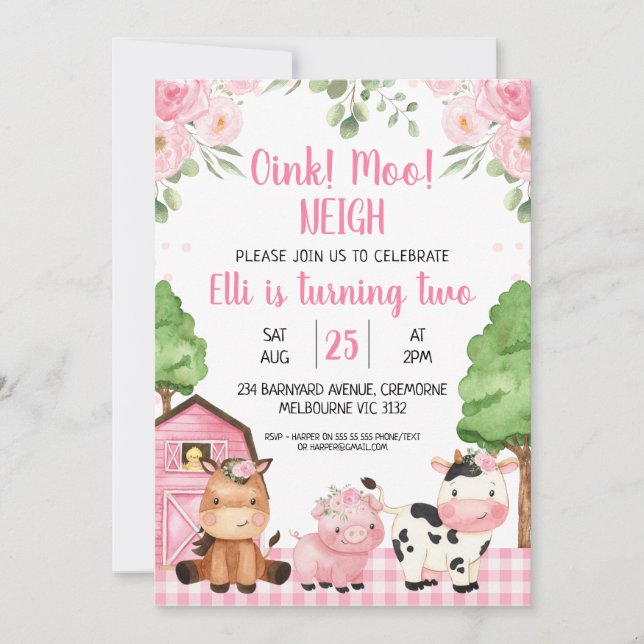 Invitation Grange rose Ferme Florale Oink Baa Neigh Anniversa (Devant)