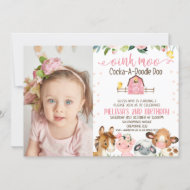 Invitation Grange rose Photo Florale Ferme Animale Anniversai
