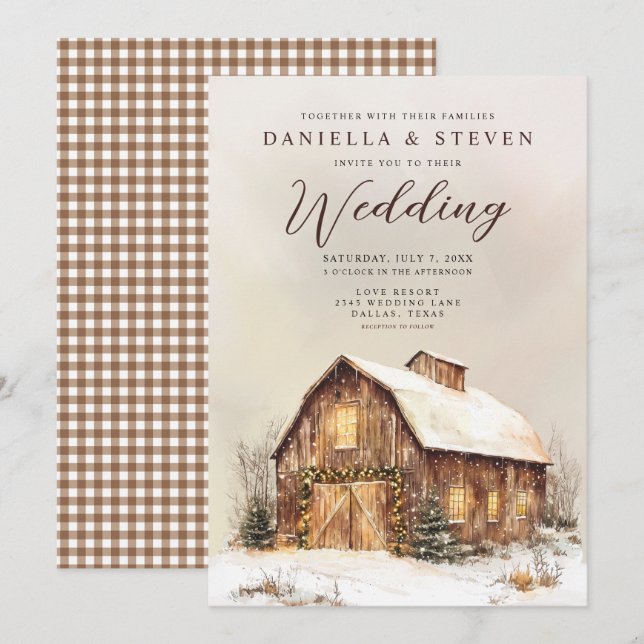 Invitation Grange rustique avec Mariage de neige hivernale (Devant / Derrière)